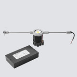 A linear LED light bar with a central cylindrical motorized driver and a separate black power supply box, shown on a light gray background with a navy 'NEW PRODUCT INNOVATION' banner in the top right.