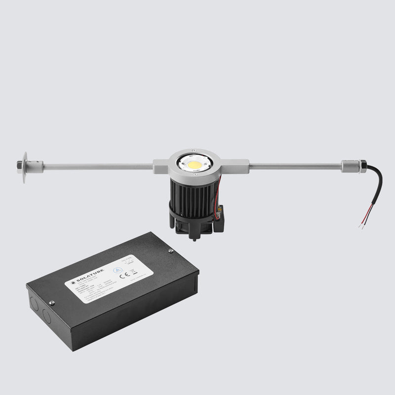 A linear LED light bar with a central cylindrical motorized driver and a separate black power supply box, shown on a light gray background with a navy 'NEW PRODUCT INNOVATION' banner in the top right.